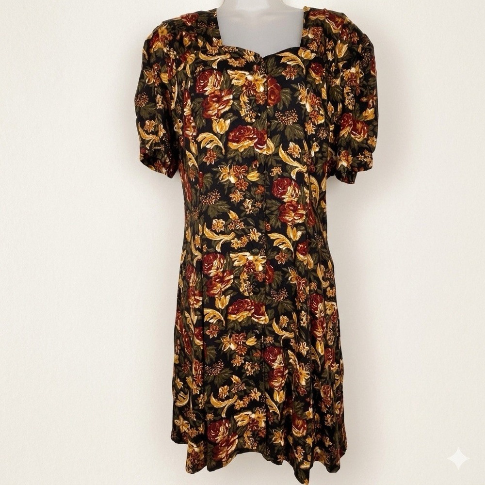 Vintage Dress L Black Mini Floral Babydoll Button Front Whimsigoth Cottage Fall